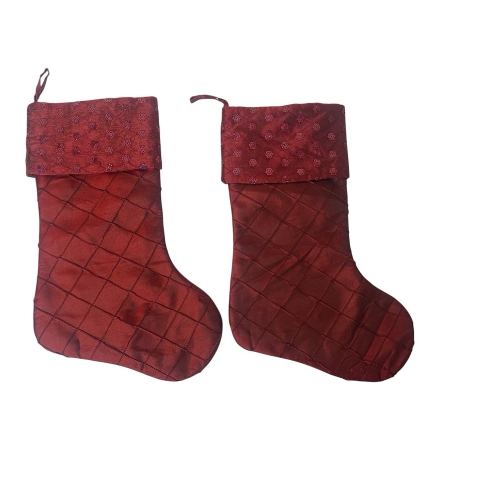 Set of 2 Maroon Satin Sequin Elegant Christmas Stockings 18" Long